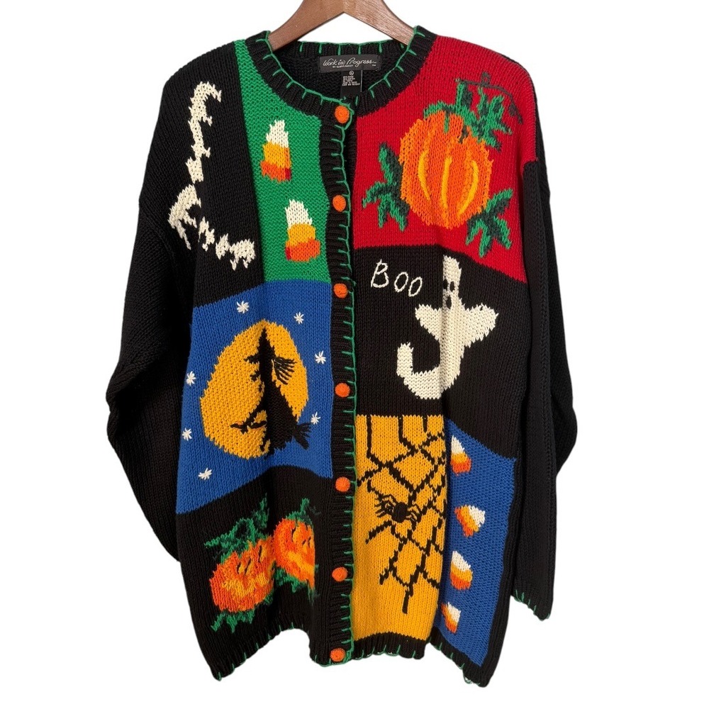 Vtg 90s Halloween Novelty Oversized Cardigan Sweater XL Black Patchwork Ugly